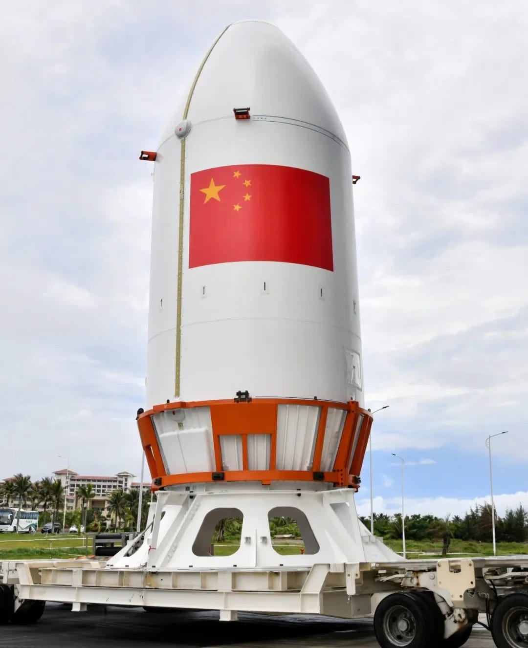 The fairing of the Long March 7A Y12 vehicle being transported through the Wenchang Space Launch Site in early May 2026. The fairing of the Long March 7A Y12 vehicle being transported through the Wenchang Space Launch Site in early May 2026.
