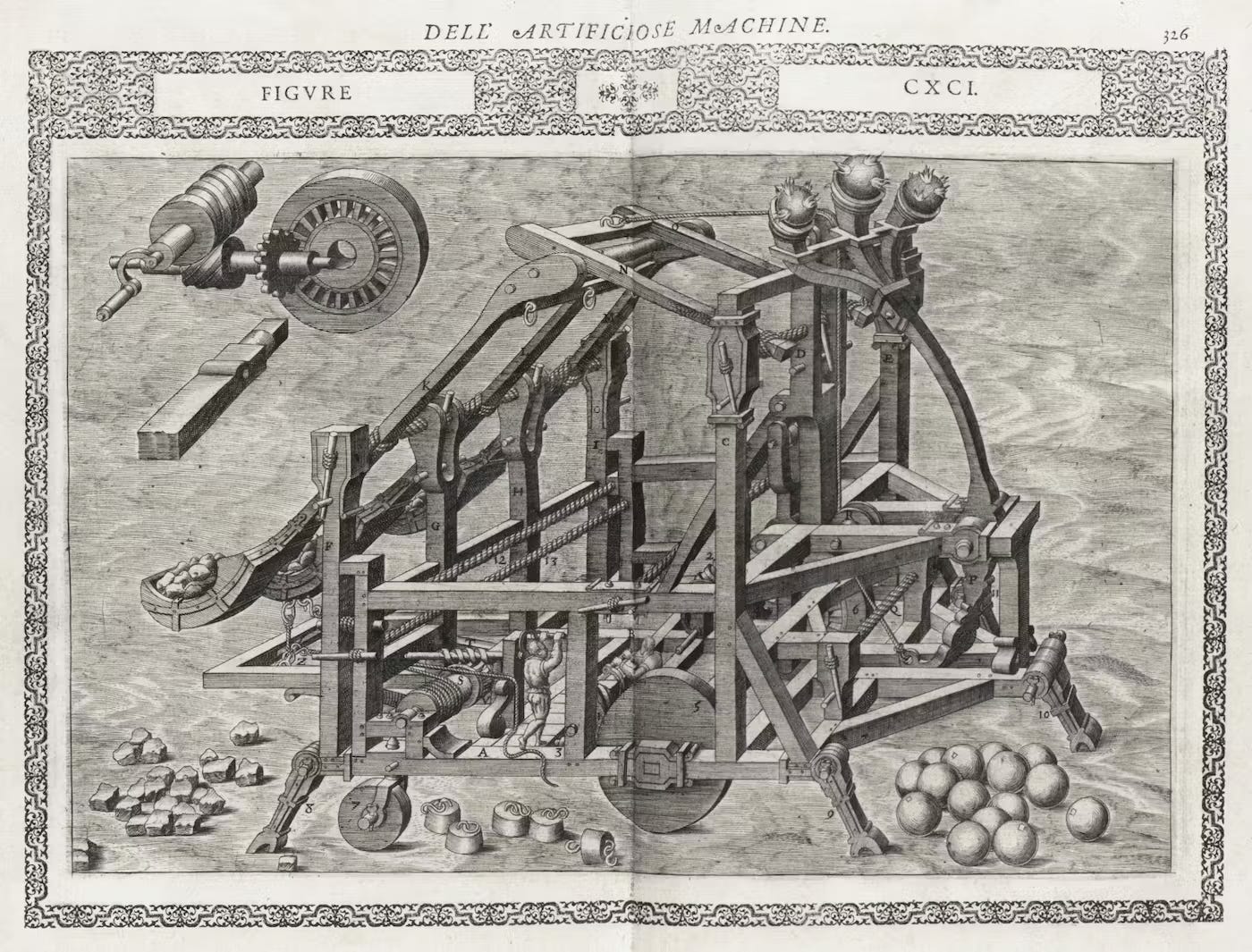 A imagem apresenta uma ilustração técnica da obra "Le diverse et artificiose machine" (As diversas e engenhosas máquinas) de Agostino Ramelli, 1588. A gravura mostra uma complexa máquina militar de madeira com engrenagens, alavancas e componentes mecânicos interligados. O mecanismo aparenta ser um tipo de catapulta ou engenho de guerra renascentista. Ao redor da estrutura principal veem-se projéteis esféricos e pequenos componentes, demonstrando o avançado conhecimento de engenharia mecânica do período. A imagem apresenta uma ilustração técnica da obra "Le diverse et artificiose machine" (As diversas e engenhosas máquinas) de Agostino Ramelli, 1588. A gravura mostra uma complexa máquina militar de madeira com engrenagens, alavancas e componentes mecânicos interligados. O mecanismo aparenta ser um tipo de catapulta ou engenho de guerra renascentista. Ao redor da estrutura principal veem-se projéteis esféricos e pequenos componentes, demonstrando o avançado conhecimento de engenharia mecânica do período.