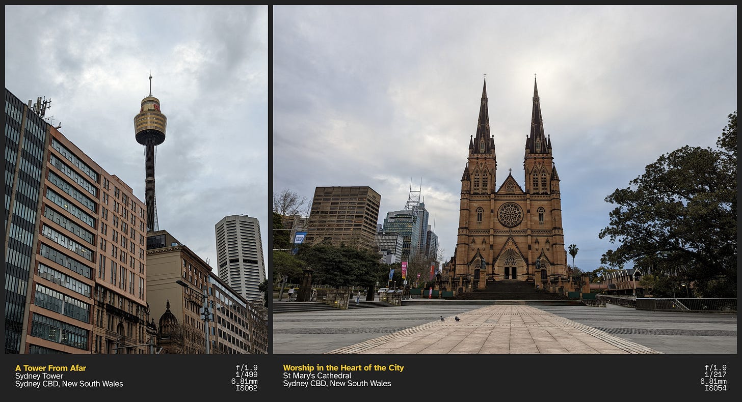 Left: The towering Sydney Tower can be seen behind a row of buildings in a cloudy day; Right: A cathedral with two spires is on the center of a plaza with multiple buildings to its left