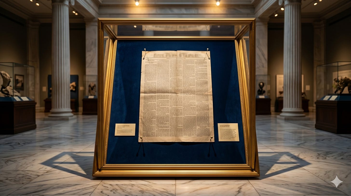 A weathered broadsheet newspaper page displayed in a gold-framed museum case on dark blue velvet, pinned at the corners, with small taxonomy labels, inside a grand marble hall with columns and other exhibit cases visible in the background. A weathered broadsheet newspaper page displayed in a gold-framed museum case on dark blue velvet, pinned at the corners, with small taxonomy labels, inside a grand marble hall with columns and other exhibit cases visible in the background.