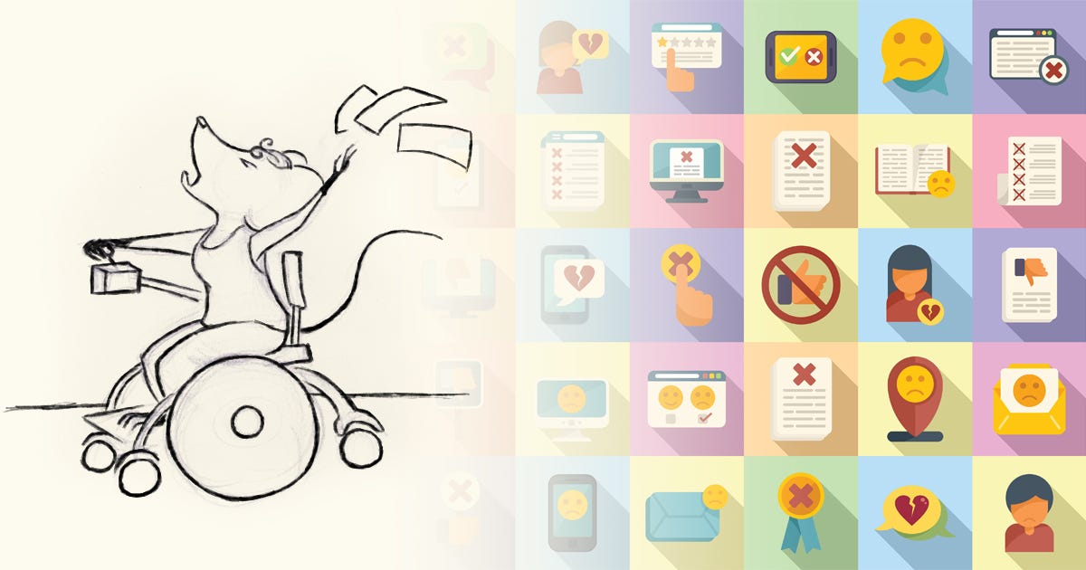 A sketch of Abigail Mouse in her wheelchair throwing up a handful of papers in frustrations overlaid on a background of negative social media iconography.