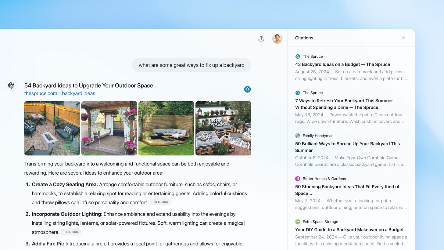 Screenshot of backyard improvement suggestions, including cozy seating, outdoor lighting, and fire pits, with images of stylish backyard setups. A sidebar lists citations from sources like The Spruce, Family Handyman, and Better Homes & Gardens. Screenshot of backyard improvement suggestions, including cozy seating, outdoor lighting, and fire pits, with images of stylish backyard setups. A sidebar lists citations from sources like The Spruce, Family Handyman, and Better Homes & Gardens.