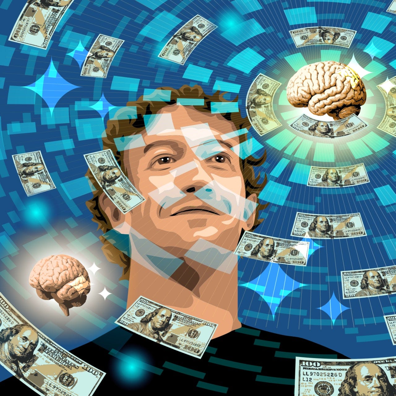Illustration of a Mark Zuckerberg surrounded by swirling dollar bills and brains.