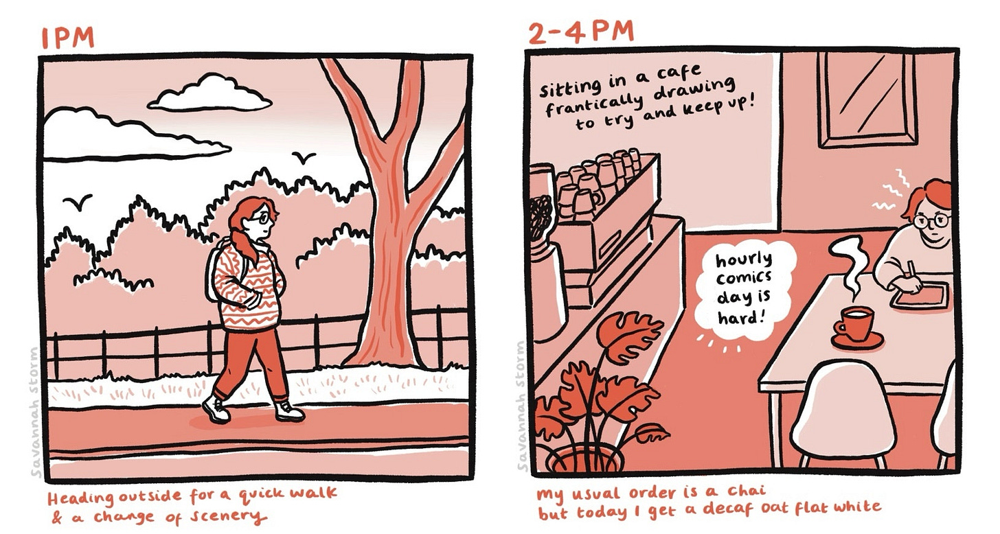 Illustrated comic panel from Hourly Comics Day 2024, at 1pm I was out for a nature walk, and at 2-4pm I was in a cafe drinking a coffee and working remotely on some design work.