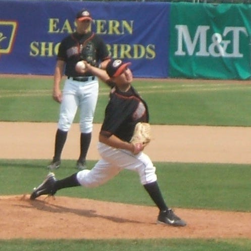 Trevor Caughey of the Shorebirds gets warmed up for last Sunday's contest as Mark Fleisher looks on. Trevor Caughey of the Shorebirds gets warmed up for last Sunday's contest as Mark Fleisher looks on.