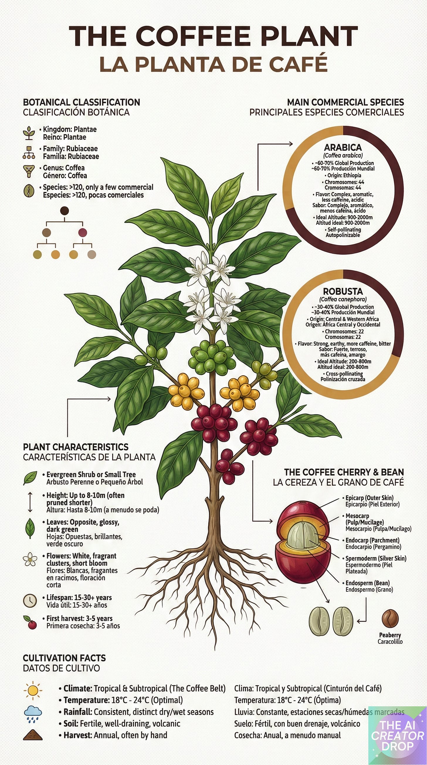 Detailed educational infographic about coffee plants showing botanical classification, plant characteristics, cultivation facts, and commercial species information in both English and Spanish with illustrated coffee plant and beans