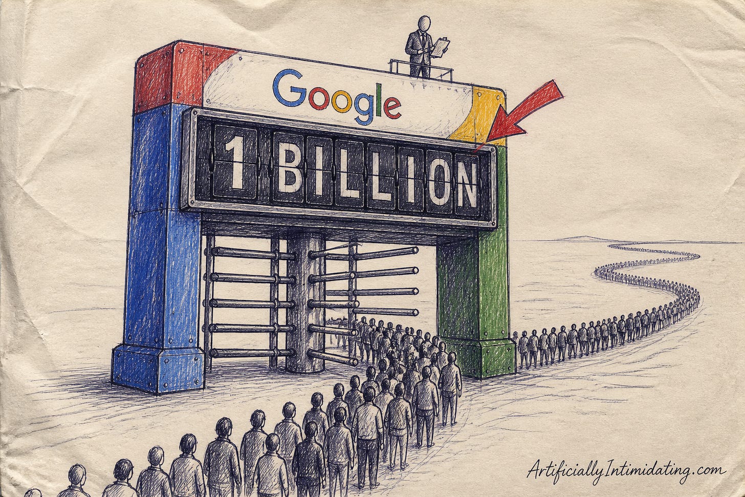 Pen-and-ink cartoon: a gigantic stadium turnstile gate painted in Google's four brand colours, with the Google wordmark on the header and a huge flip-board display reading 1 BILLION. An endless queue of tiny people snakes toward it from the horizon and funnels through the turnstiles. A small figure in a suit stands on top with a clipboard, and a red arrow points at the display.