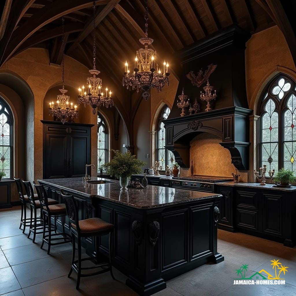 A state-of-the-art gothic kitchen in Jamaica combines the rich, dramatic aesthetic of gothic design with modern culinary technology, tailored to the island's tropical environment.