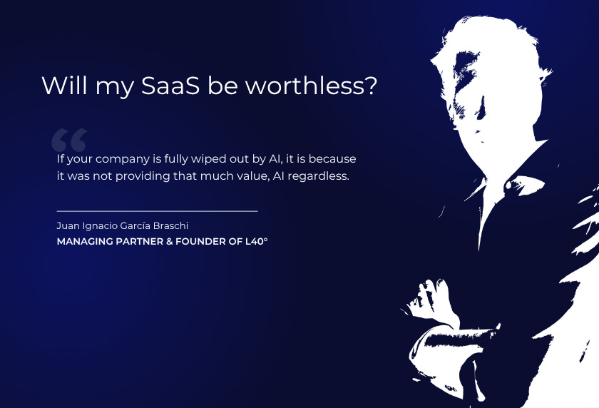 Quote graphic on dark blue background asking “Will my SaaS be worthless?” with a statement about AI eliminating low-value companies. Quote graphic on dark blue background asking “Will my SaaS be worthless?” with a statement about AI eliminating low-value companies.