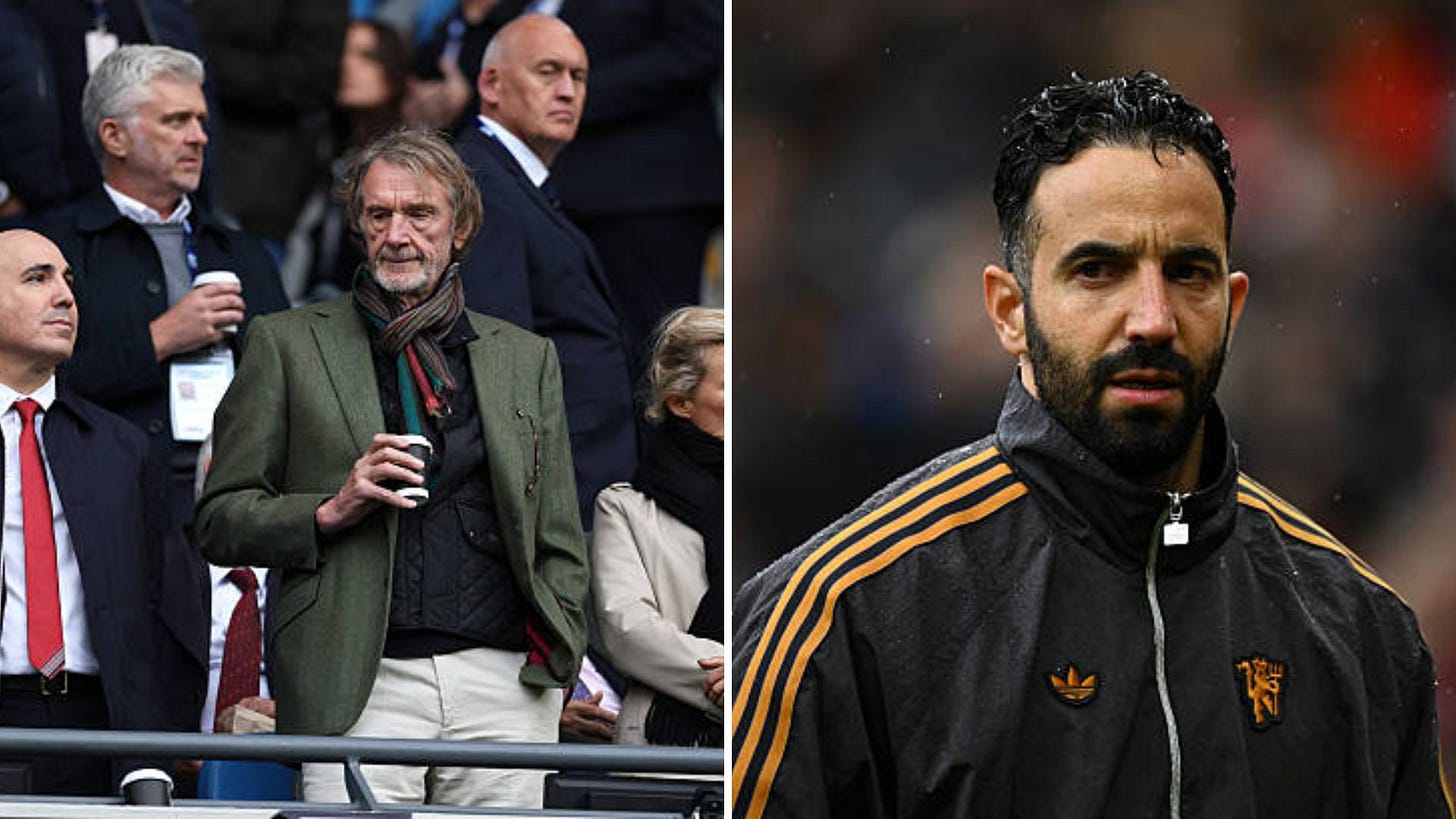 Split image of Sir Jim Ratcliffe in the stands and Manchester United manager Ruben Amorim look on from the sidelines 