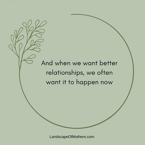 A gallery of screenshots from Jill's Instagram post with sage green backgrounds, a circular foliage illustration and quotes in the centre of each image. The images read: 1) Tending to our relationships begins with how we tend to ourselves. 2) And when we want better relationships, we often want it to happen now. 3) Of course we do, because we've been in pain for a long time. 4) But we can't rush the intimacy, connection and trust that we're building with ourselves. 5) We can call on Mountain Mother who has the capacity to stay with what is difficult. 6) And through her we can find our steady roots, our good ground, and our persistence. 7) To connect to Mountain Mother in you: Put your feet on the ground and breathe deeply, as if you are breathing all the way down into the earth, and from the earth all the way back to the top of your head. 8) This helps your energy root into the earth beneath your feet. Centering you right here, right now. This gives the mind and energy a place to move from. 9) Then there is an extra screenshot from Jill's website that names the different 'Mothers' in an interconnected web. This includes Sun & Moon Mother in the centre with Ocean Mother, Forest Mother, River Mother, Mountain Mother, Island Mother, Desert Mother & Wind Mother reaching out from the centre in an outer circle.