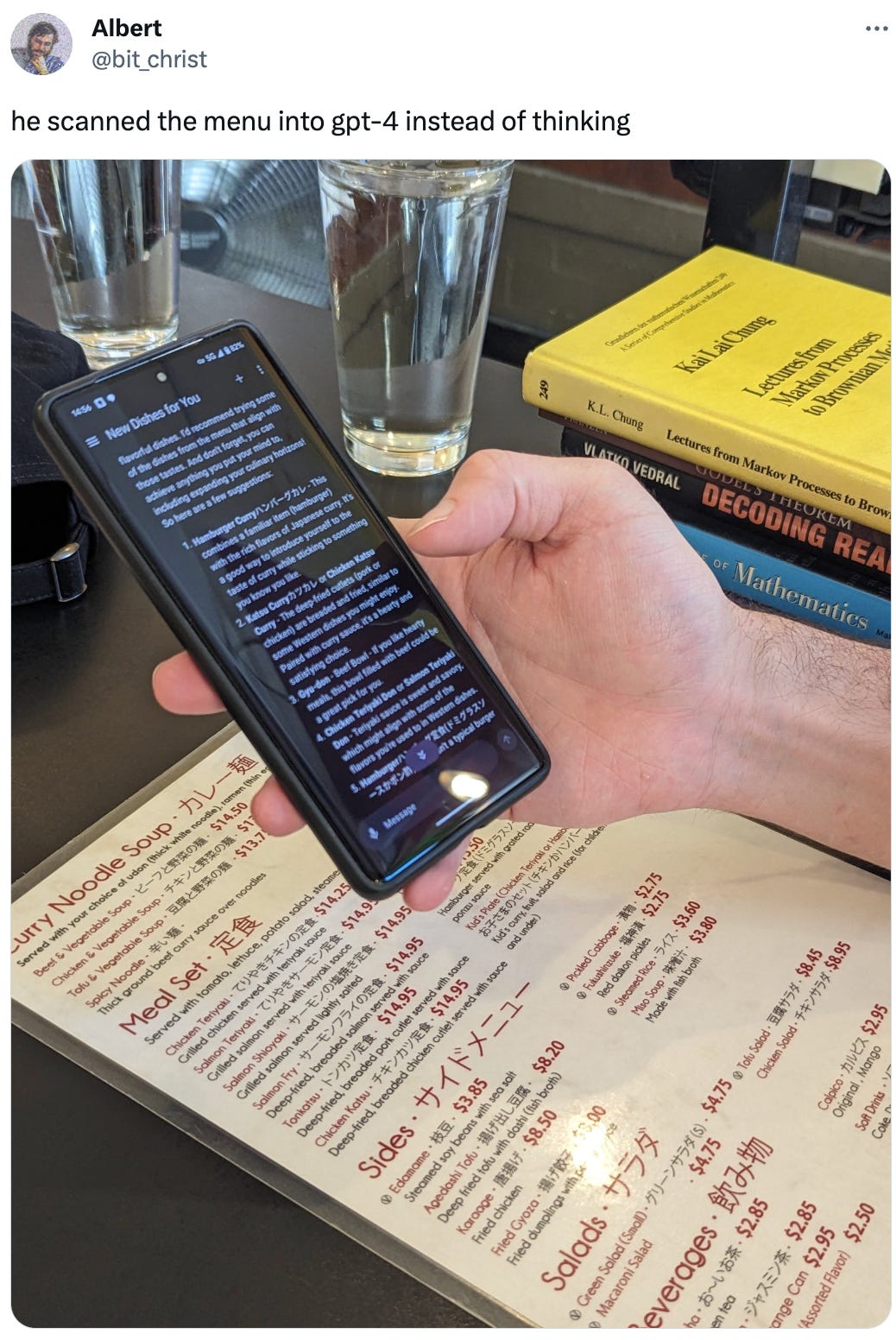See new Tweets Conversation Albert @bit_christ he scanned the menu into gpt-4 instead of thinking See new Tweets Conversation Albert @bit_christ he scanned the menu into gpt-4 instead of thinking