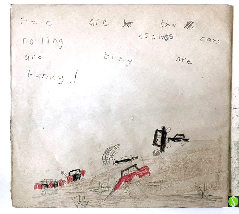 Kid's drawing of 'The Rolling Stones funny cars' by Steve Butcher, aged 5