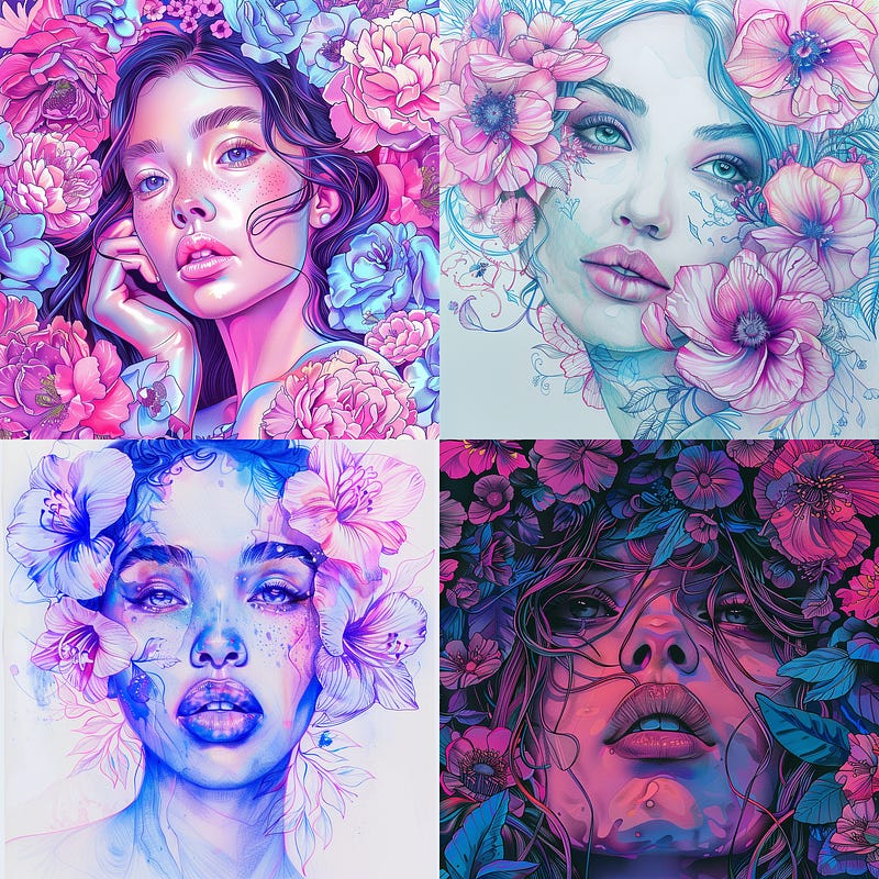 realistic portrait of beautiful woman with flowers in pink and blue tones realistic portrait of beautiful woman with flowers in pink and blue tones