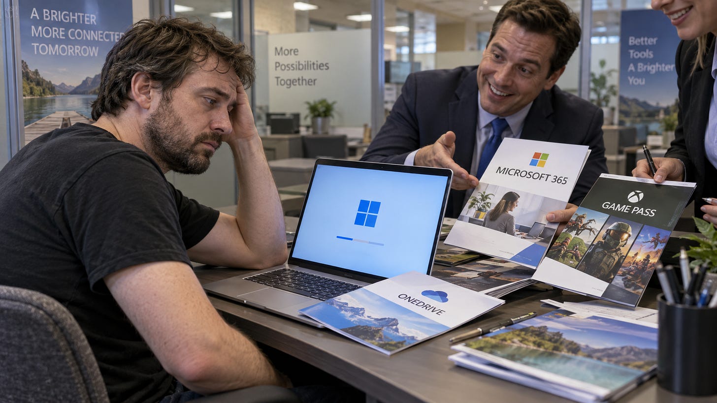 An exhausted developer at a Windows laptop faces salespeople offering Microsoft 365, OneDrive, and Game Pass brochures.