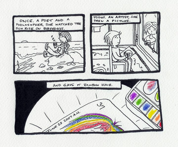 Rainbow hair cartoon panels, 2007 and 2023, A. Cowen