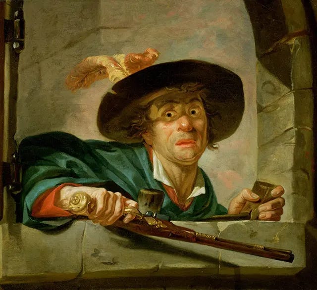 Another view of Ducreux’s 'The Jealous Husband,' a testament to his versatility in depicting dramatic character studies with his signature expressive style. Another view of Ducreux’s 'The Jealous Husband,' a testament to his versatility in depicting dramatic character studies with his signature expressive style.