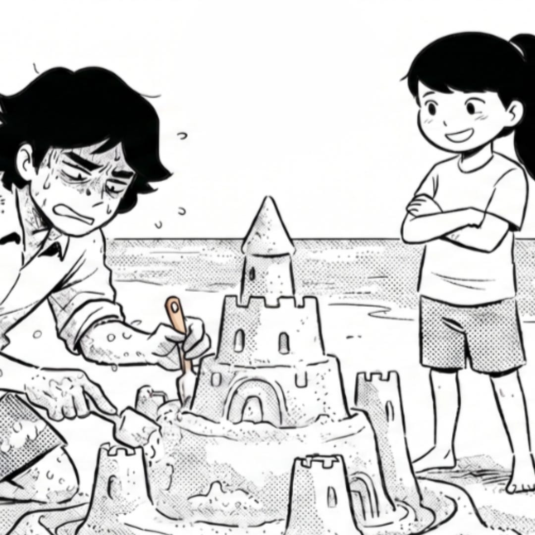 Papa builds a sandcastle while Zara stands nearby with folded arms, watching confidently.