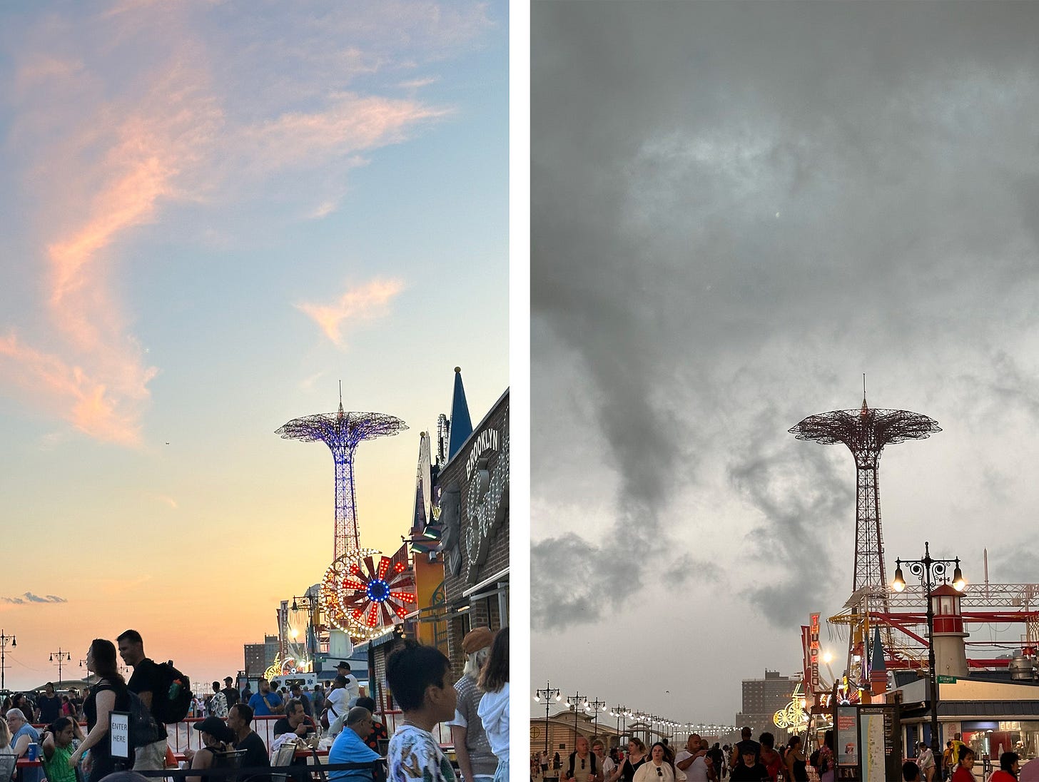    Two views looking toward the Parachute Jump structure in Coney Island, NY, The left image shows beautiful sunset sky, grading from orange to yellow to blue, with wispy clouds. The right hand image shows grey sky with dark, swirling thunderstorm clouds.