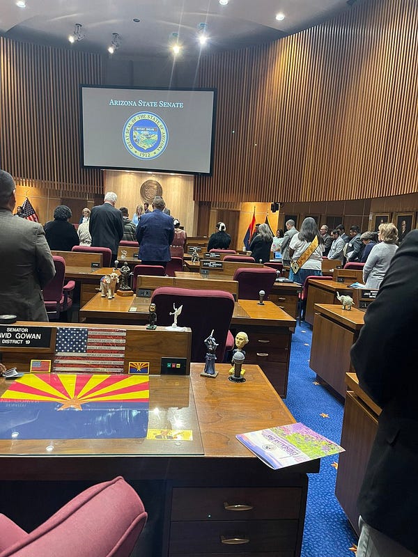 Empty seats on the Republican side of the State Senate.