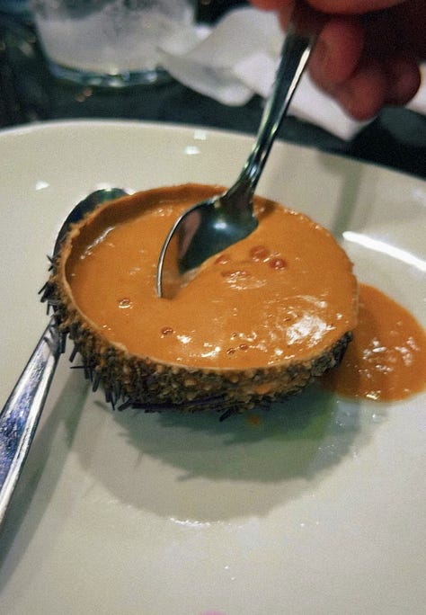 Crab stuffed squid, a spoon entering creamed uni in its shell, a hand holding a sesame crack with three different color pieces of smoked fish on top , a hand holding grilled foie on bread, a hand holding txistorra skewered onto a piece of bread, a fork entering a half eaten piece of cheesecake