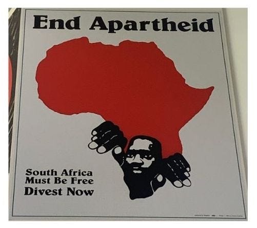 Posters in support of anti-apartheid and Free Palestine struggles. Top left: a black poster border with a blue square, with a bug and a white dove of peace overlaid. The text says: "Pas de Paix sans les Palestiniens. Pas de Palestiniens sand l'O.L.P". Top right: a red African continent with a Black man peering through the Cape geographic area. Text: "End Aparthid. South Africa must be free now. Divest now". Bottom left: A black and white photo of a line of freedom fighters wearing keffiyehs. Text: Forward to Palestine not backward to settlement". Bottom right: Black and white photos of women overlaid on text. Headline: "Women unite against apartheid".
