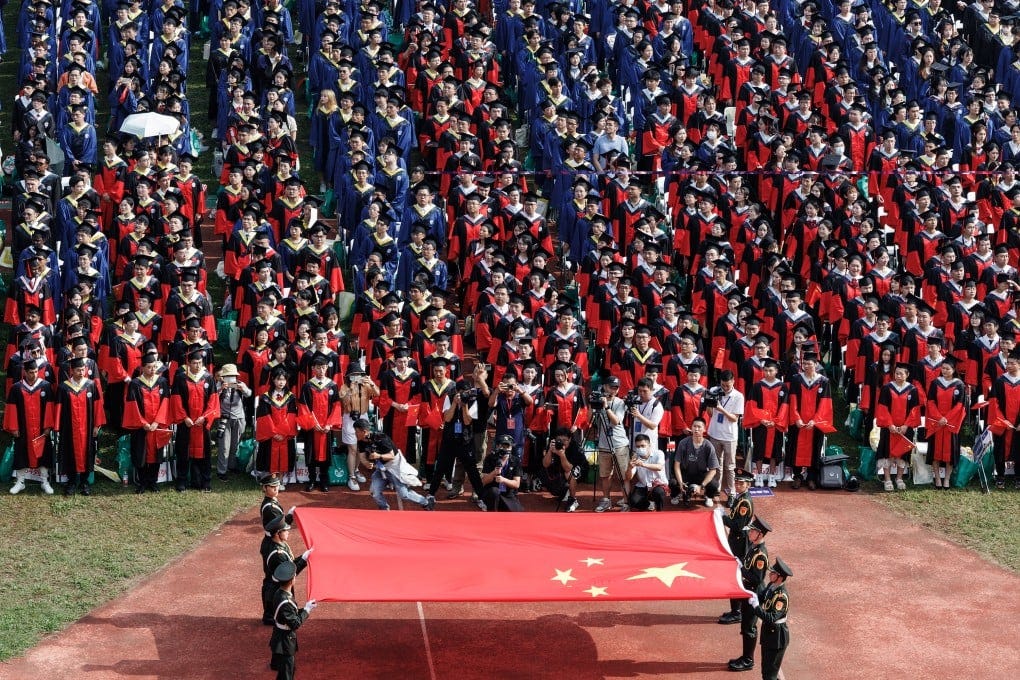 Students from Wuhan University watch a flag raising ceremony during graduation. Photo: dpa