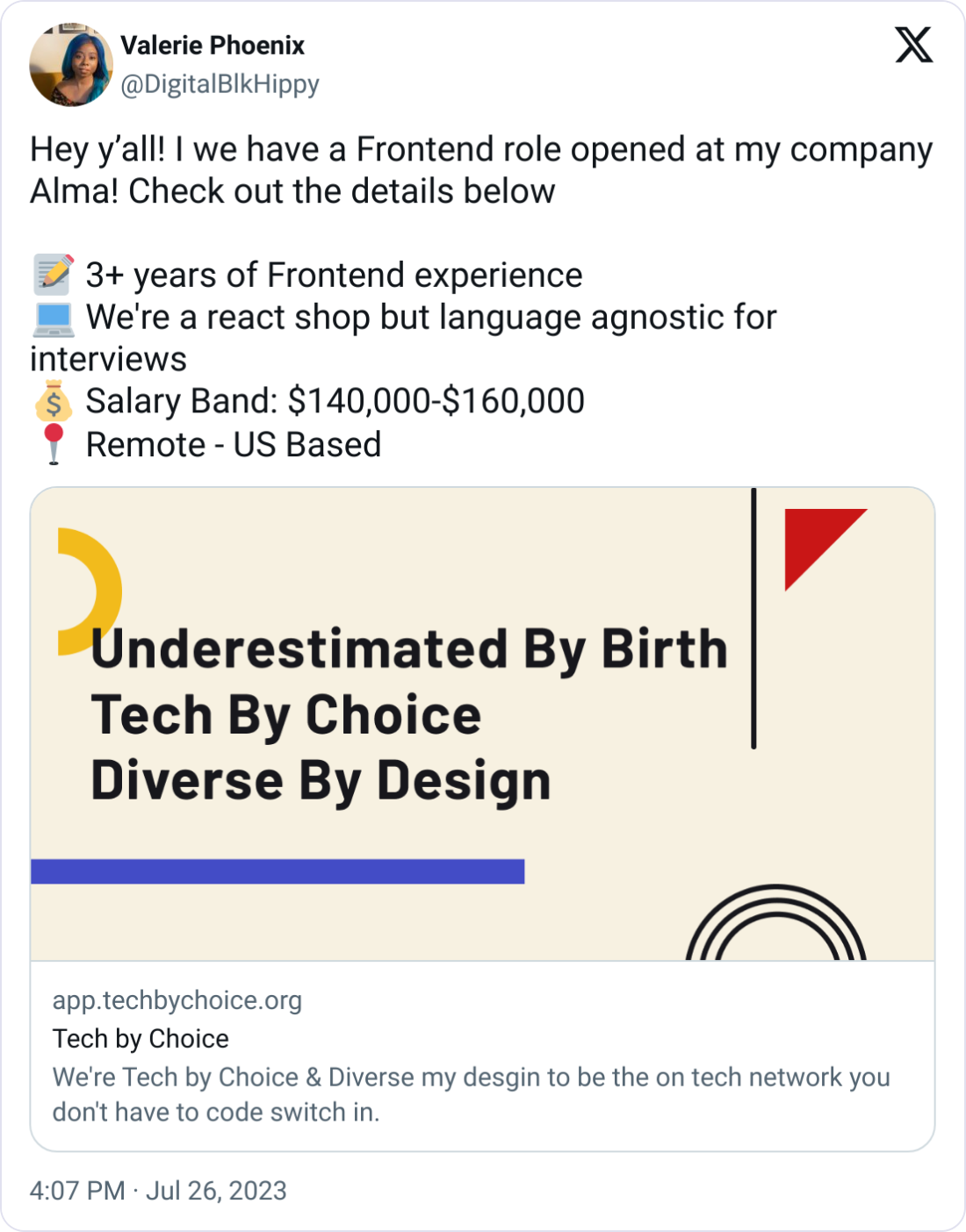 Valerie Phoenix @DigitalBlkHippy Hey y’all! I we have a Frontend role opened at my company Alma! Check out the details below  📝 3+ years of Frontend experience 💻 We're a react shop but language agnostic for interviews 💰 Salary Band: $140,000-$160,000 📍 Remote - US Based