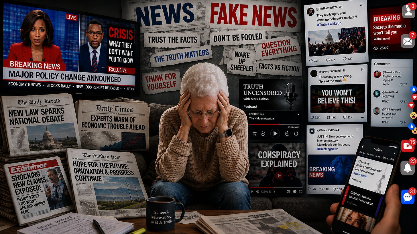 A distressed woman overwhelmed by many news and fake news sources