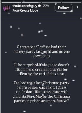 Danesh Garramone Couture party - Frank Report Bot King Busted Again: Danesh claimed the Garramone holiday party was empty. Photos and guest logs show 826 attendees. Another reckless lie.
