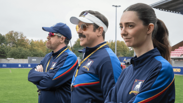 Brendan Hunt, Jason Sudeikis and Tanya Reynolds in “Ted Lasso” season four, premiering Wednesday, August 5 on Apple TV.
