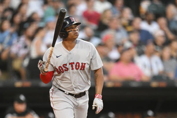 Rafael Devers of the Boston Red Sox tosses his bat after hitting a two-run home run in the fourth inning against the Chicago White Sox at Guaranteed... Rafael Devers of the Boston Red Sox tosses his bat after hitting a two-run home run in the fourth inning against the Chicago White Sox at Guaranteed...