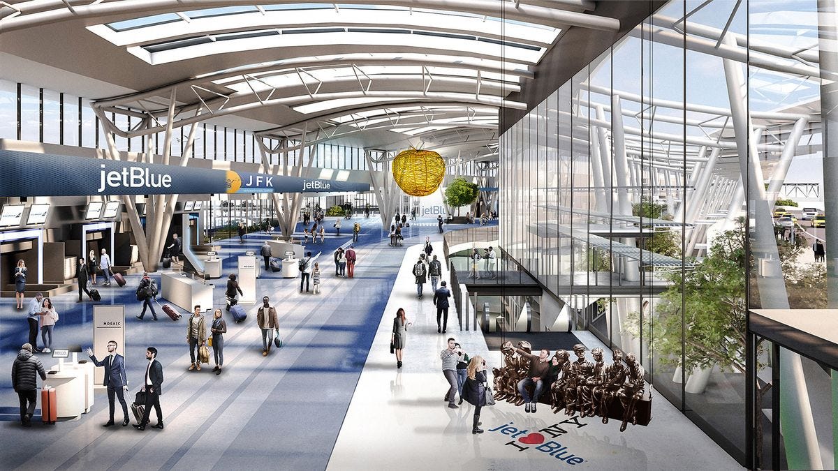 Rendering of vast airport space with floor to ceiling windows on the right and skylights above. Rendering of vast airport space with floor to ceiling windows on the right and skylights above.