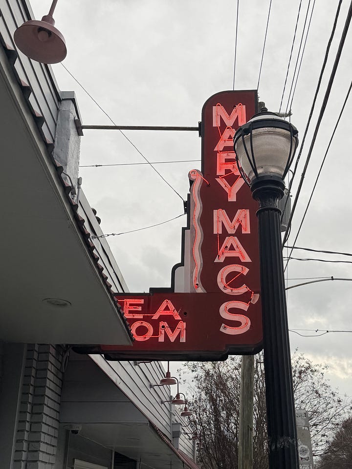 the outside of mary mac's tea room in atlanta georgia and a plate of fried chicken