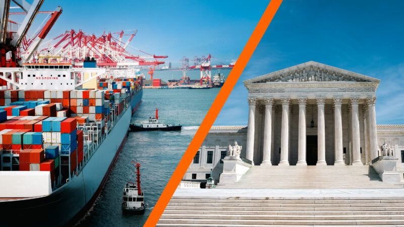 a photo of a ship carrying imports next to a photo of the Supreme Court a photo of a ship carrying imports next to a photo of the Supreme Court | Steven Frame/Xuejingwen/Dreamstime