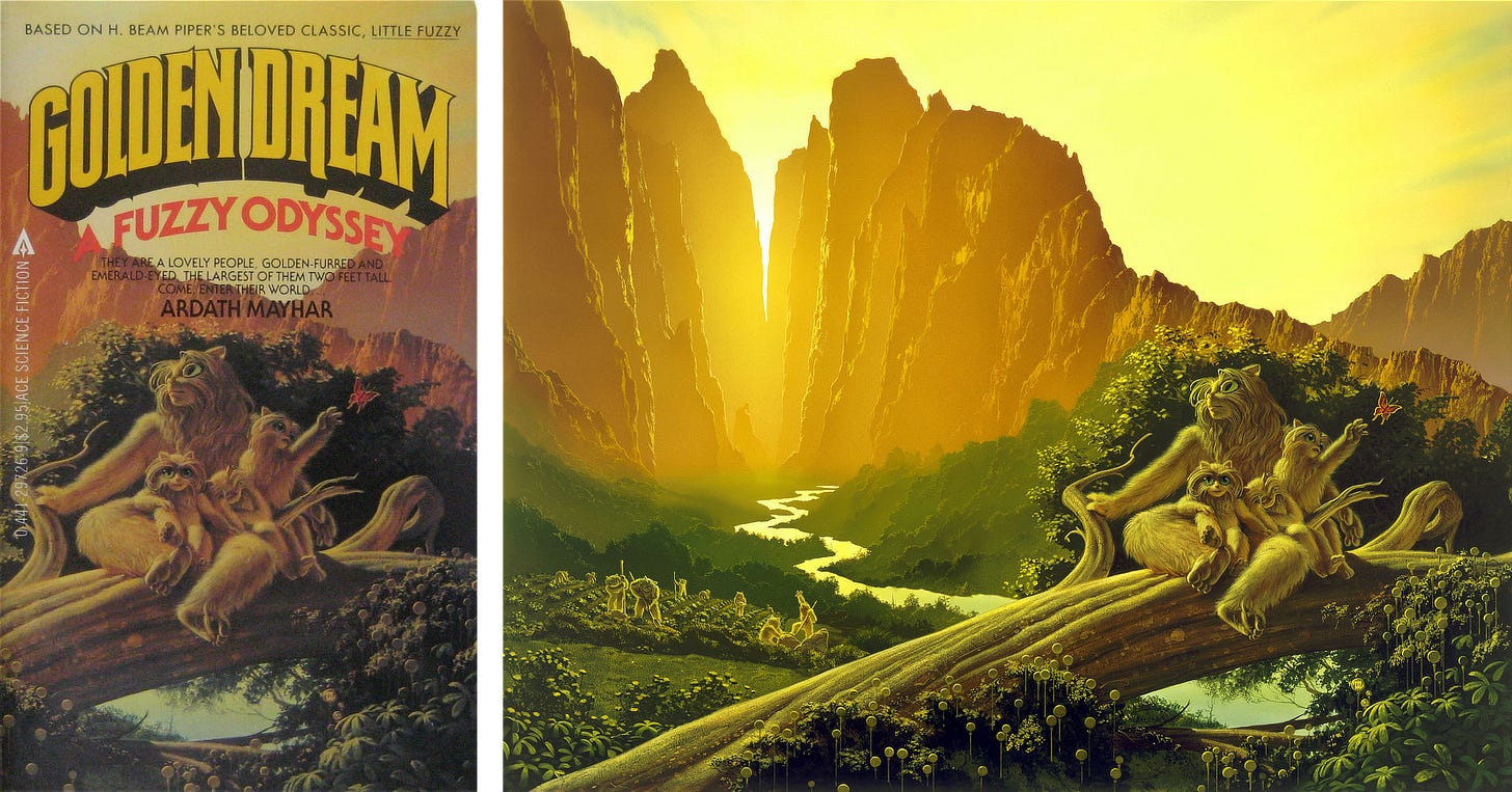Book cover side-by-side with the illustration. A fuzzy alien humanoid with glassy green eyes slit like a cat's reclines atop a fallen tree with its three children nestled in its lap. On reaches out for a butterfly, while a second naps, and a third stares thoughtfully at the audience. In the background left, more Fuzzies are working cultivated fields. A river meanders through verdant green, placid and glassy as light of the sun low in the sky shines through tall mountain walls to the valley in golden light. Book cover side-by-side with the illustration. A fuzzy alien humanoid with glassy green eyes slit like a cat's reclines atop a fallen tree with its three children nestled in its lap. On reaches out for a butterfly, while a second naps, and a third stares thoughtfully at the audience. In the background left, more Fuzzies are working cultivated fields. A river meanders through verdant green, placid and glassy as light of the sun low in the sky shines through tall mountain walls to the valley in golden light.