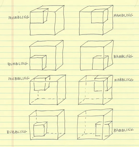 Eight copies of the Babblemumble cube with a smaller inset cube in each corner, with its associated word