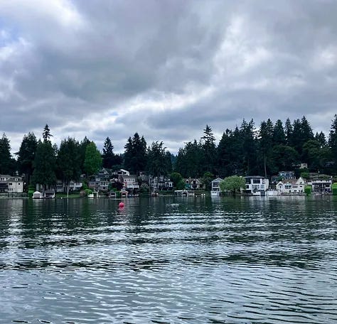 Ducks in Willamette river, Kacey in lake holding a paddle, river view