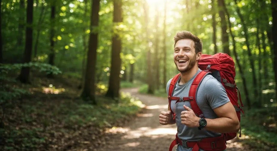 Smiling a man with a backpack hikes a scenic forest path with sunlight dappling through the trees representing virality.