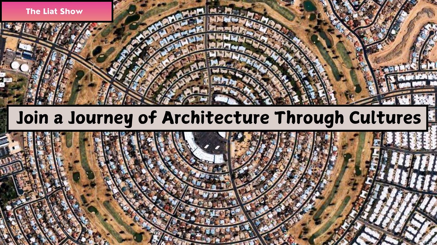 Aerial view of a circular suburban neighborhood in the United States, with rows of identical houses arranged in concentric rings around a central hub. Roads radiate outward, and green spaces including golf courses weave through the community. The design highlights the uniformity and planning logic behind postwar suburban development. Featured in The Liat Show.