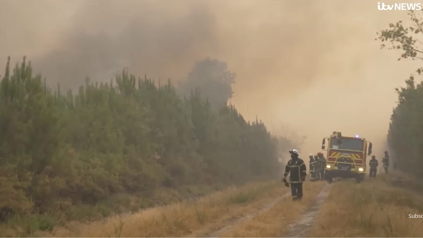 Firefighters on dirt road, engine in the distance survey a tree line for embers, The sky is heavy in smoke and the haze is suffocating at ground level.