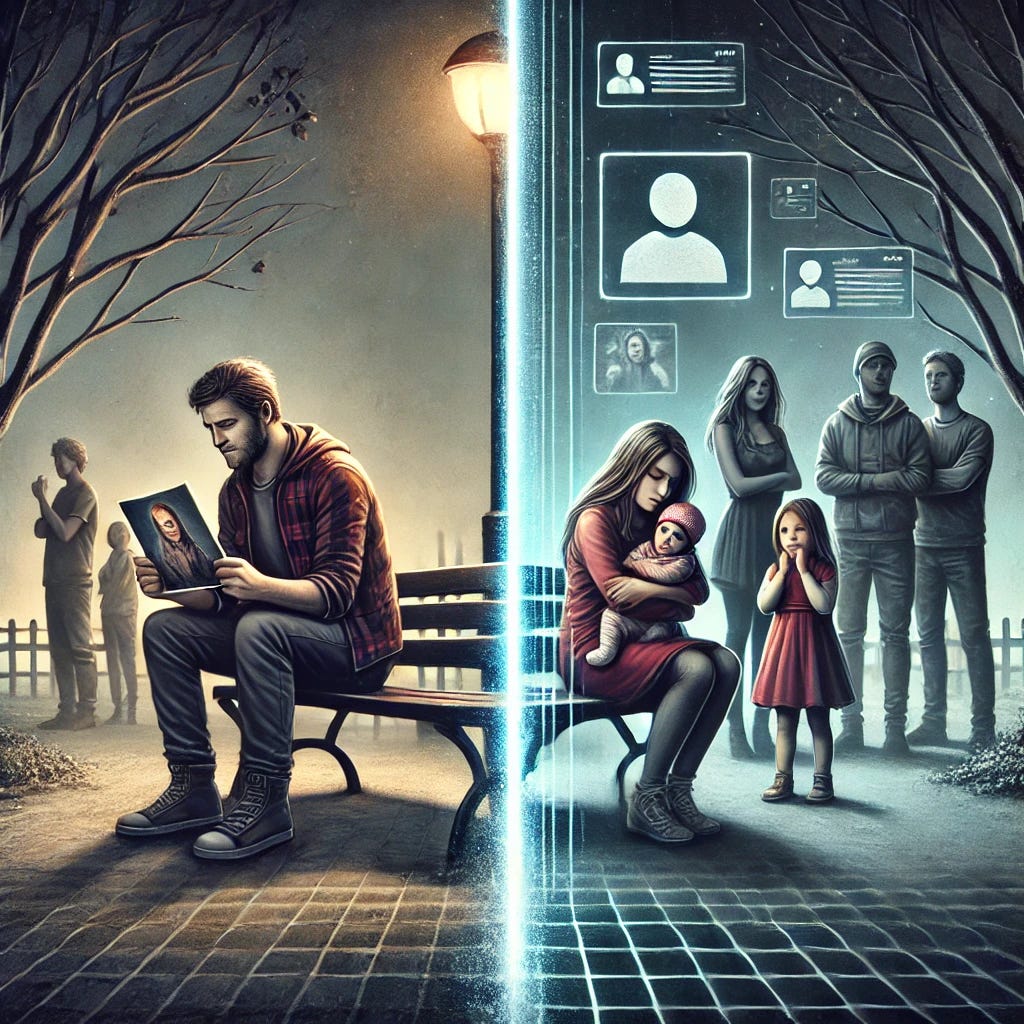 A powerful digital illustration depicting the emotional struggle of a father separated from his children. On one side, the father sits on a bench in a dimly lit, empty park, holding a picture of his children with visible sorrow. On the other side, a group of people, symbolizing friends and family, stand around the mother and children, turning their backs to the father. The background features subtle imagery of social media icons floating, representing external opinions influencing the situation. The scene conveys a sense of isolation, division, and the emotional impact of parental alienation.