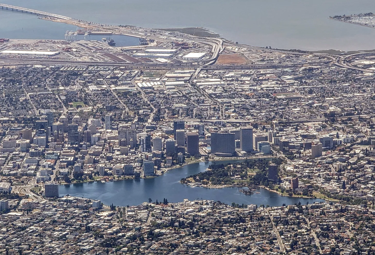 Aerial view of Oakland and Lake Merritt