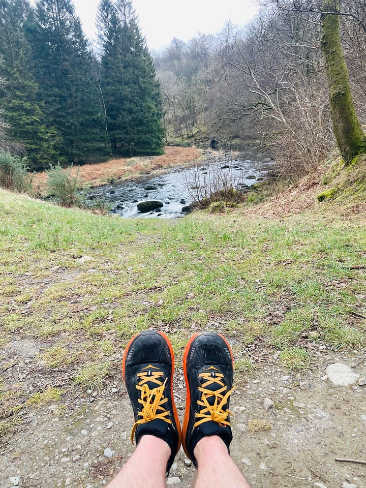 Tired feet on the Threlkeld-Keswick railway path in the Lake District.