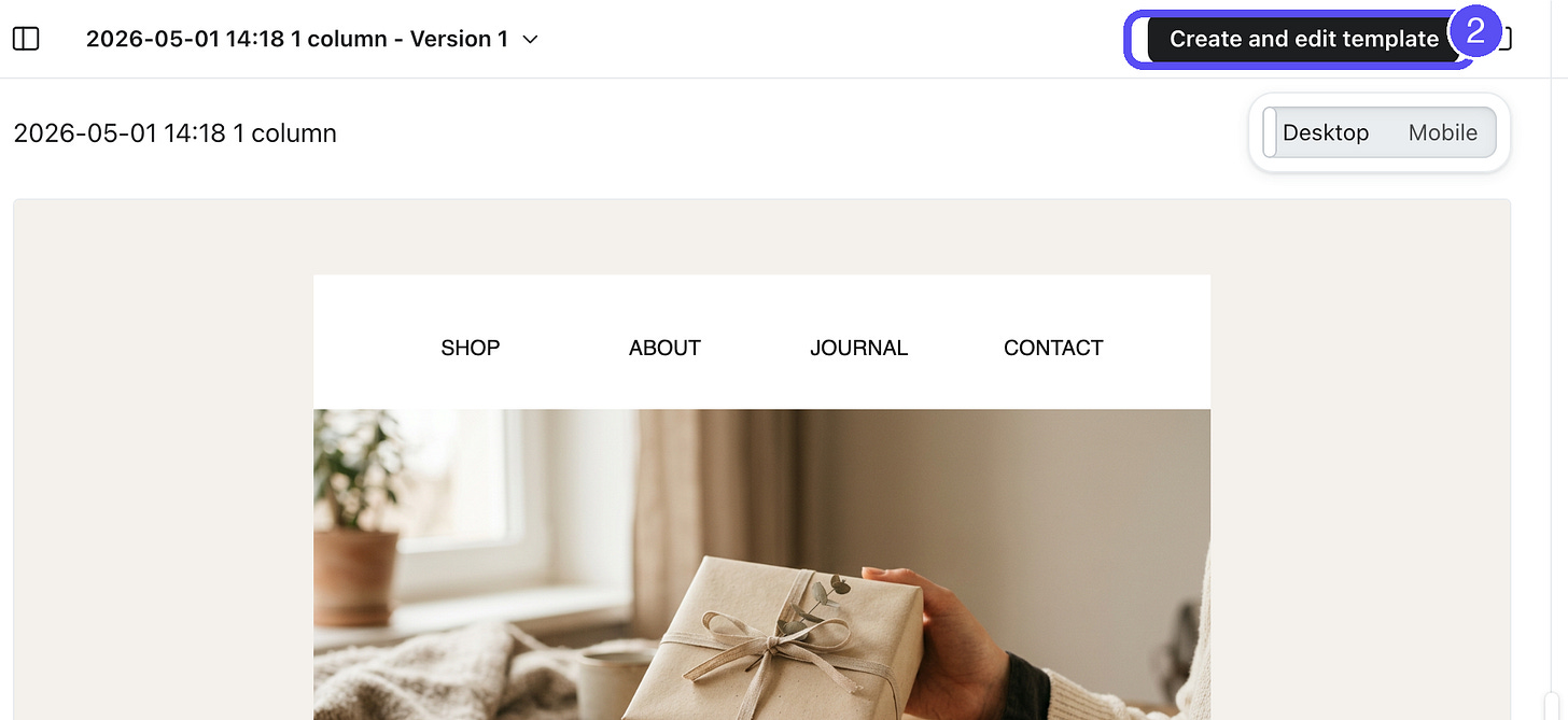 A Composer-generated email draft open in Klaviyo's editor, with editable text and image blocks