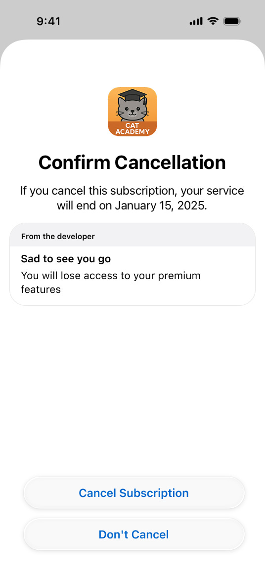 An iOS Manage Subscriptions screen with a Cancel Subscription option, the built-in cancellation flow the store already provides. An iOS Manage Subscriptions screen with a Cancel Subscription option, the built-in cancellation flow the store already provides.