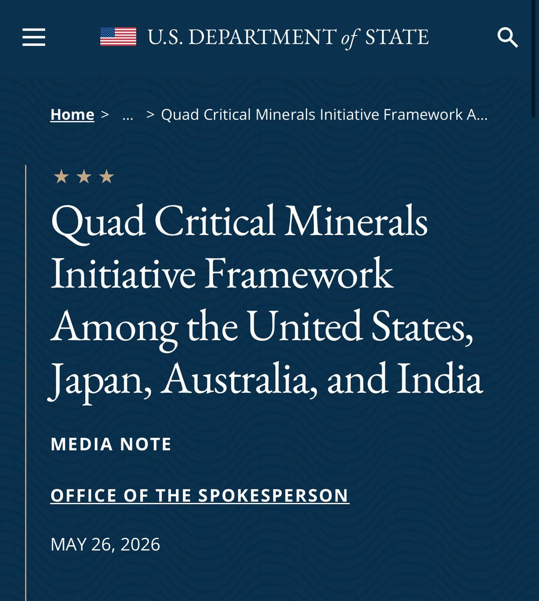 The Quad just put up to $20 billion on the table to break China's grip on critical  minerals. The US, Japan, Australia, and India signed the framework in New  Delhi on May