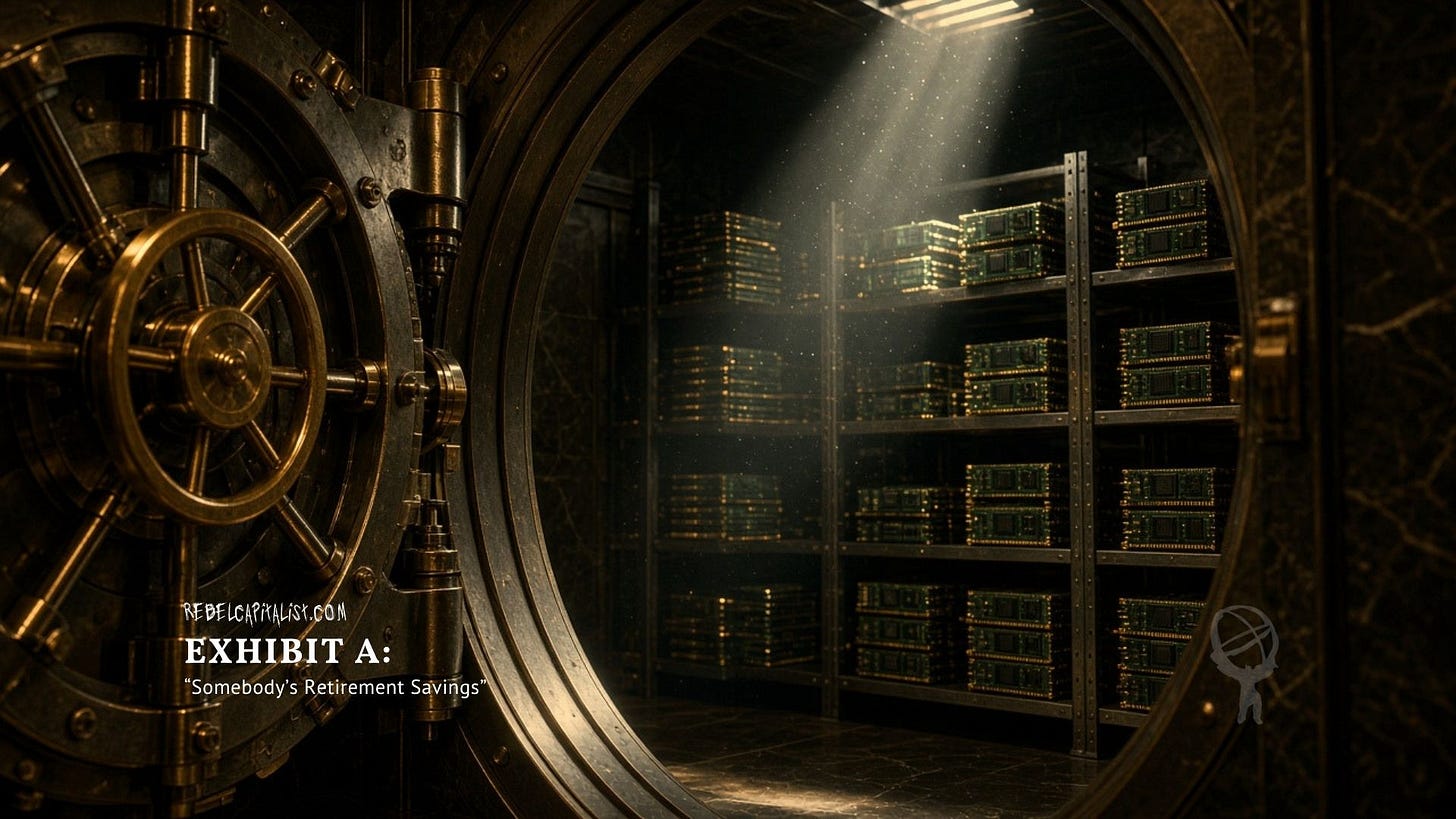 Bank vault door open revealing shelves of gold bars labeled Somebody's Retirement Savings Bank vault door open revealing shelves of gold bars labeled Somebody's Retirement Savings
