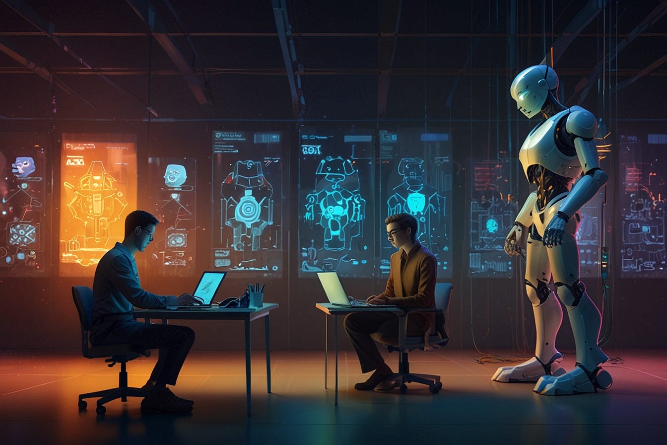 A wise, expressive figure split into three simultaneous poses within one glowing digital workspace: gently guiding a small glowing robot-child by the hand, reviewing code on a floating screen held by an eager robot-intern, and taking notes at the feet of a towering, warm robot-professor made of light and circuitry. Cartoon/digital illustration style, vibrant colors, dynamic composition, clean lines. No text or typography in the image.
