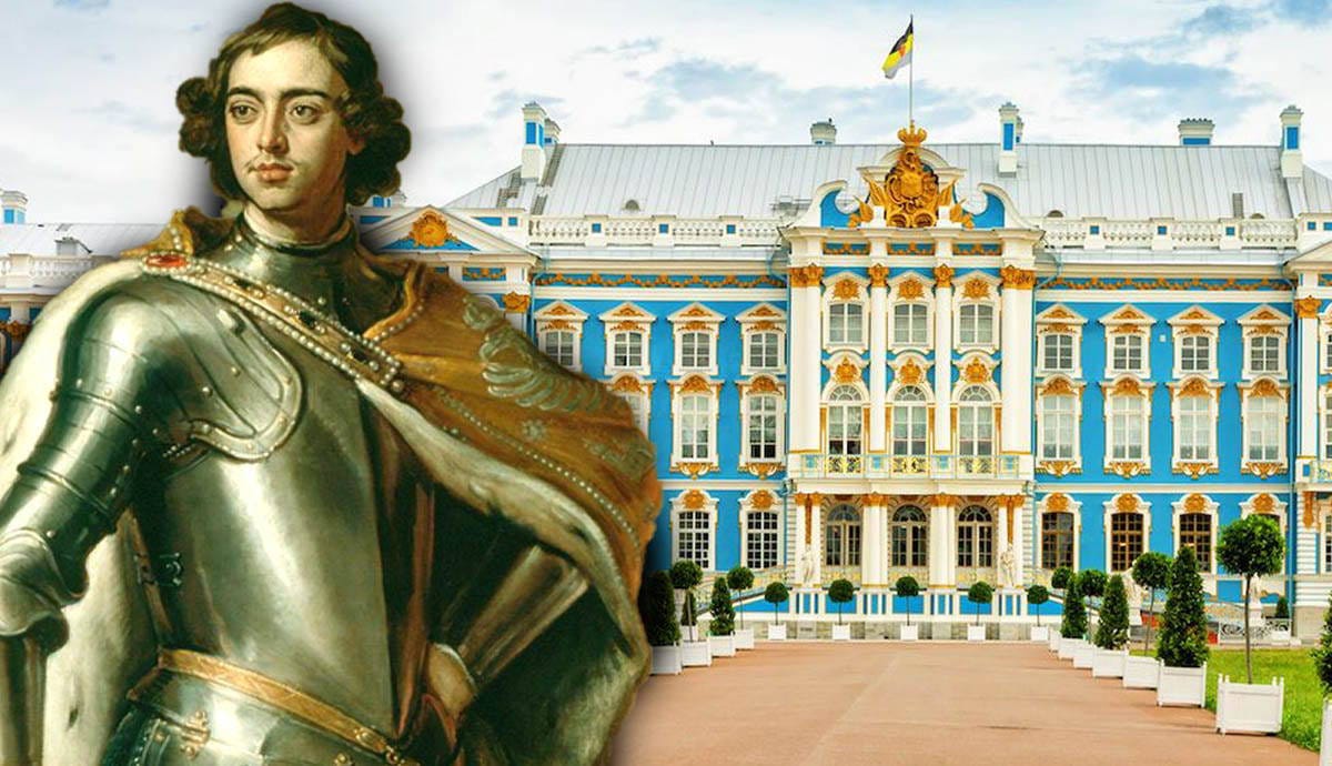Detail of Peter the Great, Tsar of Russia (1672-1725) by Godfrey Kneller, 1698, via The Royal Collection; with The Emperor’s Palace “Peterhof” (Dutch for Peter’s Court) in Saint Petersburg, Russia